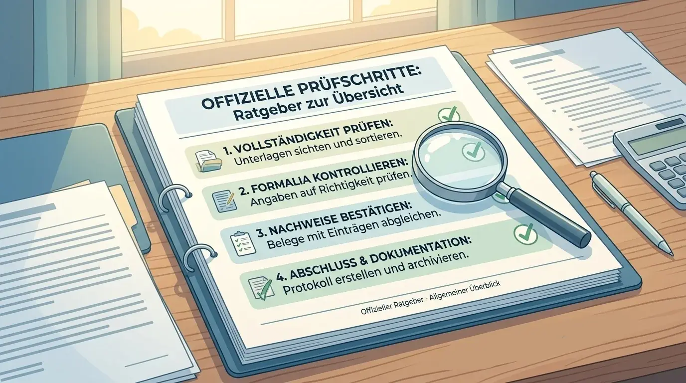 Neutrale Prüfliste mit Dokumenten, Lupe und österreichischem Kontext