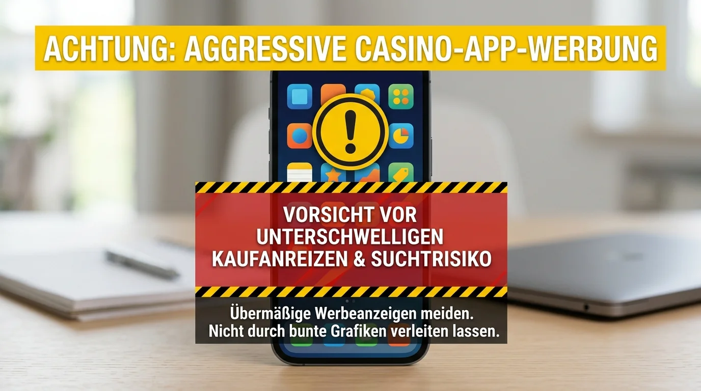Abstrakte Zusammenfassung von Warnzeichen rund um App-Werbung und Bonusdruck