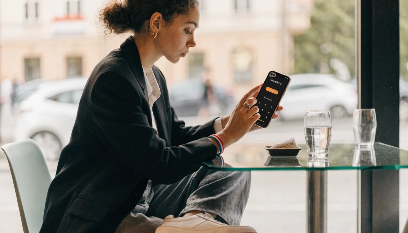 Junge Frau mit Smartphone, MuchBetter-App, österreichisches Café, Tageslicht