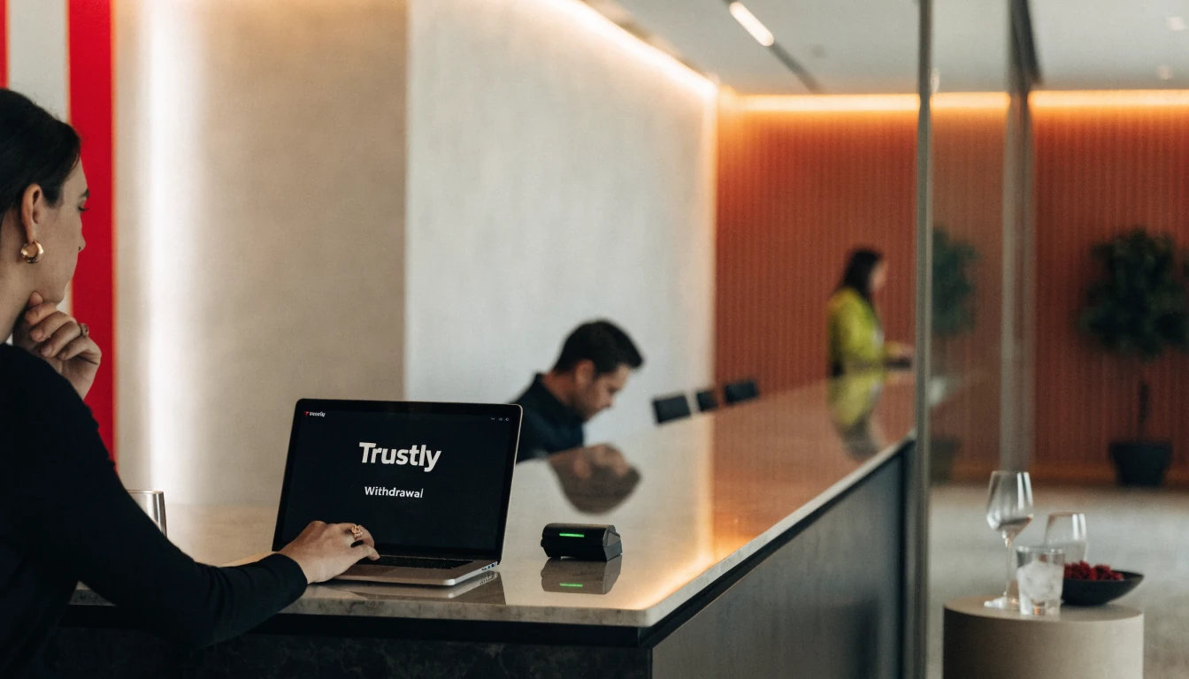 Kunde macht Trustly‑Auszahlung im modernen Casino, warme Beleuchtung