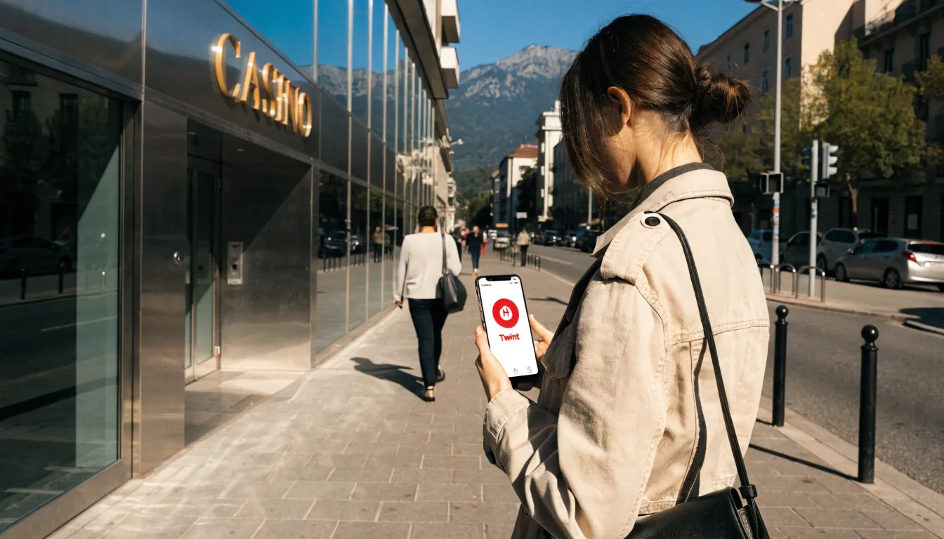 Junge Frau mit Smartphone vor Casino in Österreich, Tageslicht, Alpen im Hintergrund