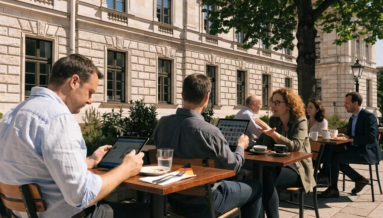 Personen diskutieren Online-Casinos auf einer Wiener Terrasse im Tageslicht