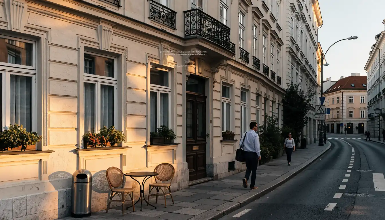 Straßenszene in Wien mit Café, Sonnenaufgang und rechtlichem Hinweis.
