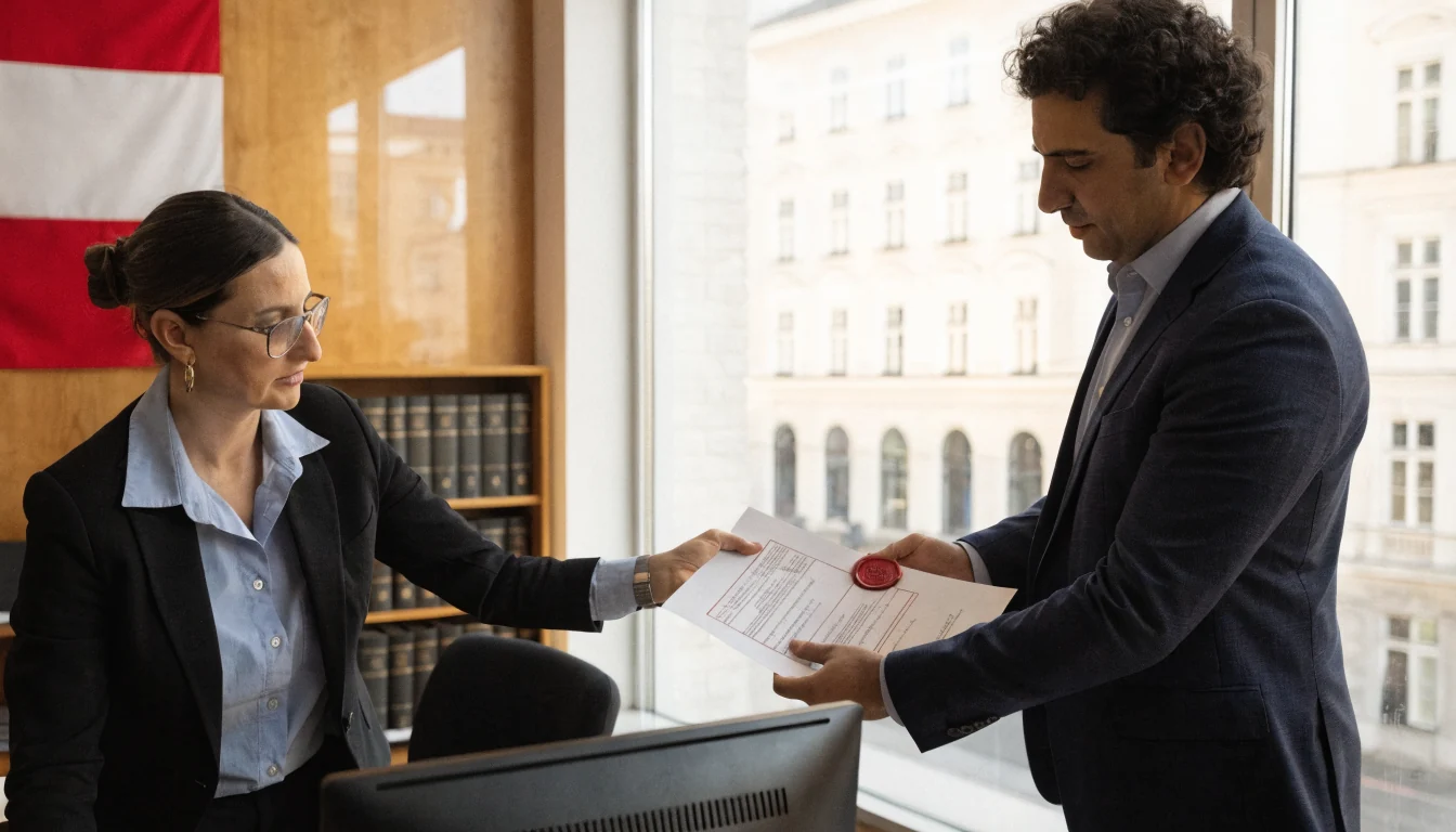 Ein Regierungsbeamter übergibt ein Lizenzdokument in einem Wiener Büro