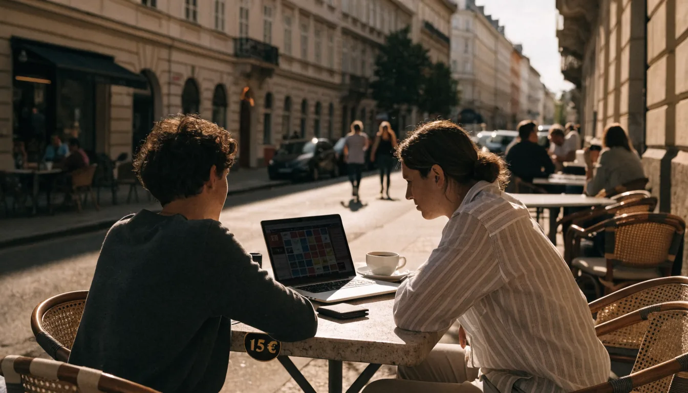 Wiener Café mit Laptop und 15‑Euro‑Hinweis