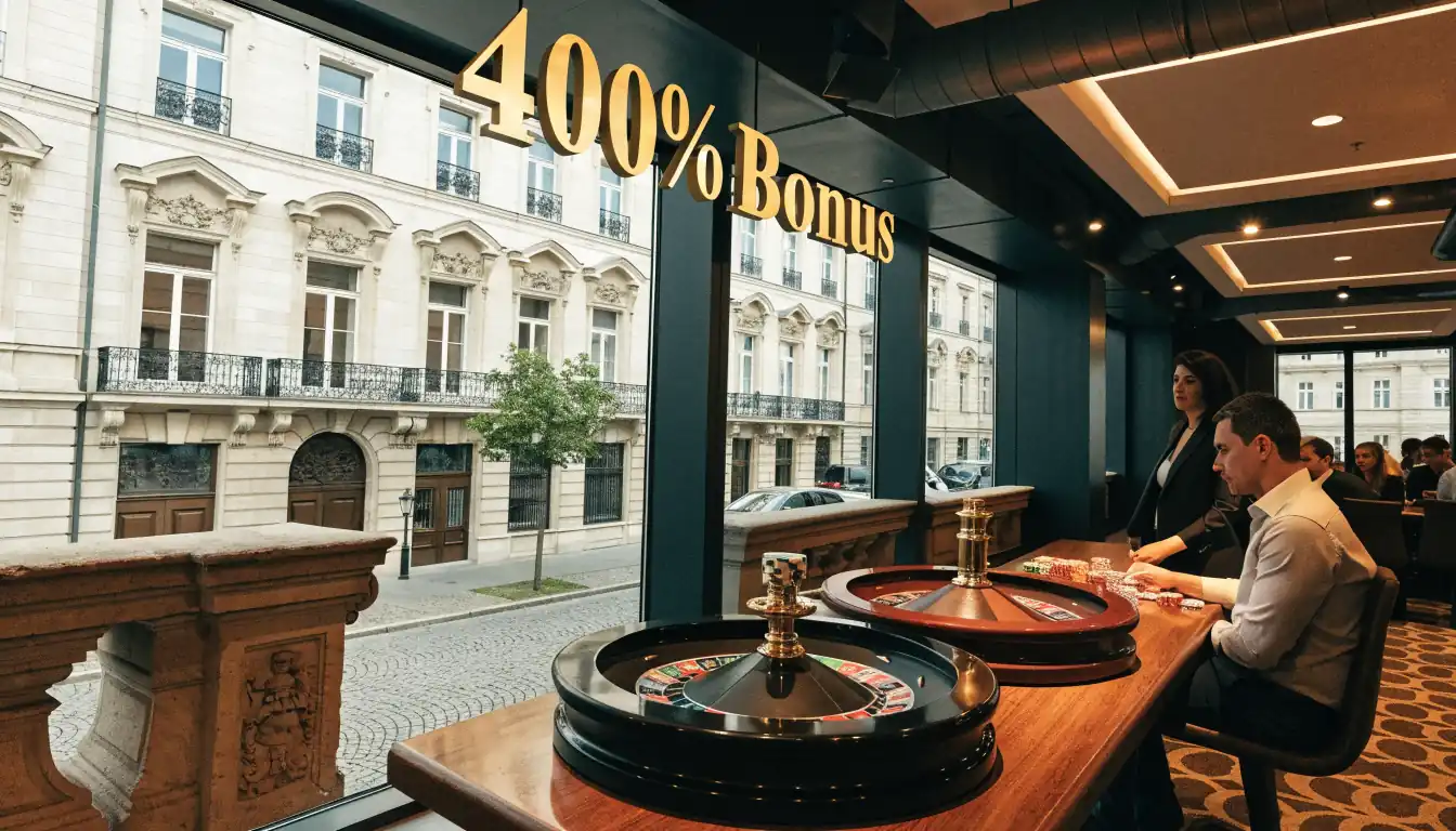 Leuchtendes Casino-Interieur mit 400% Bonus‑Schild und Wiener Architektur im Hintergrund