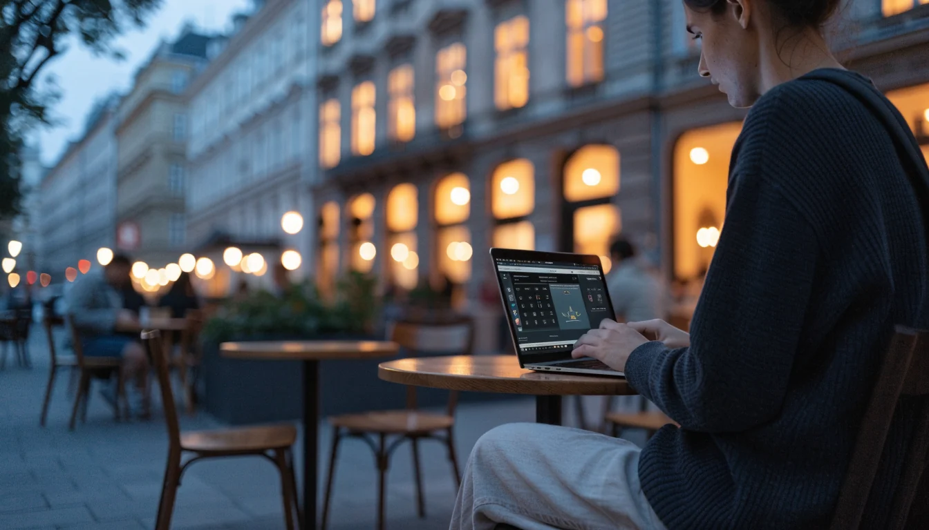 Junger Mensch tippt im Wiener Café auf Laptop, Atmosphäre ohne Ausweis