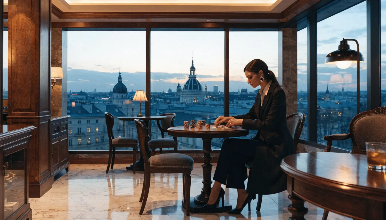 Elegante Casino-Lounge in Wien bei Dämmerlicht mit Spielchips und Karten