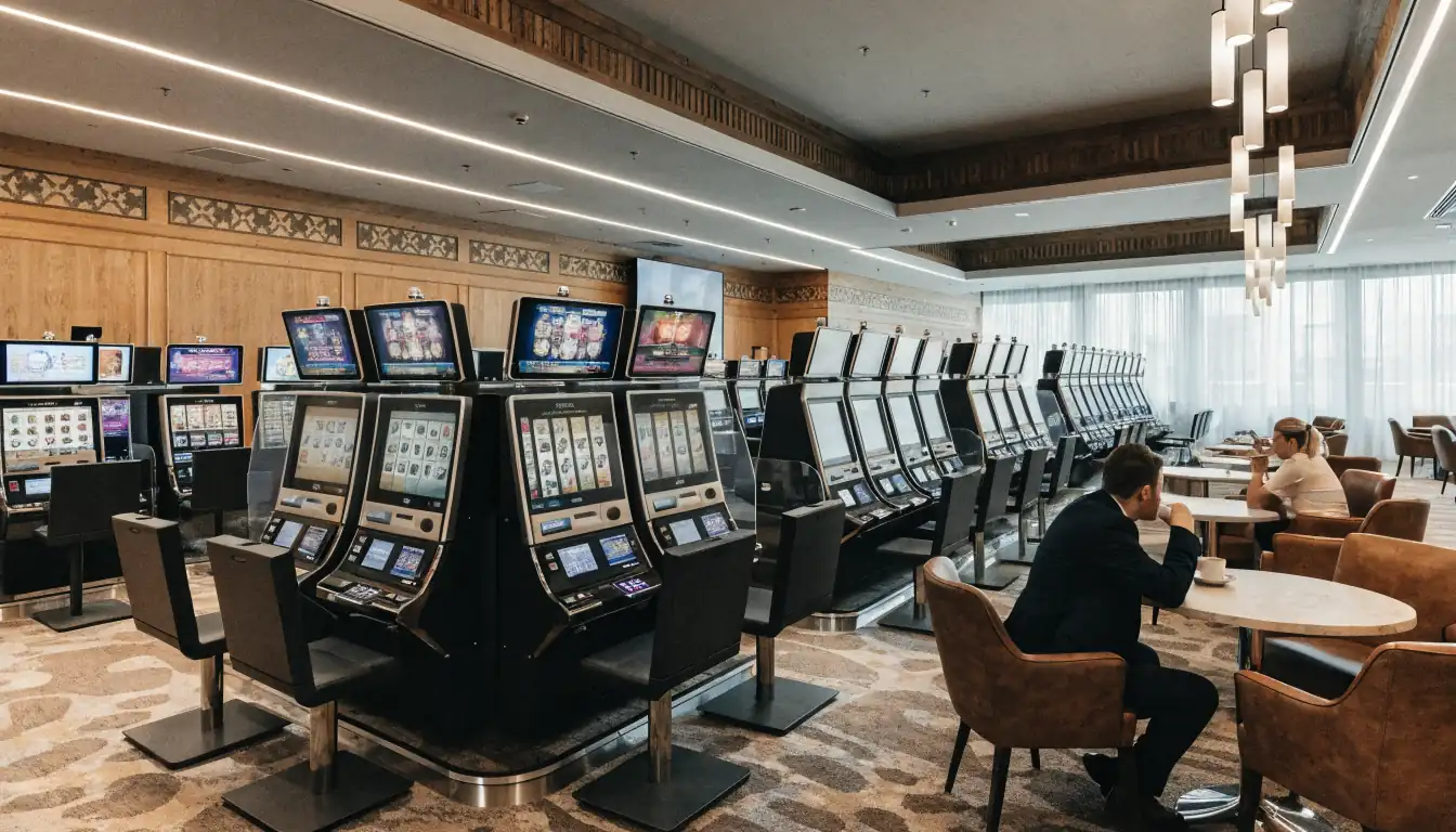 Modernes Casino-Interieur in Österreich mit leeren Spielautomaten und Lounge.
