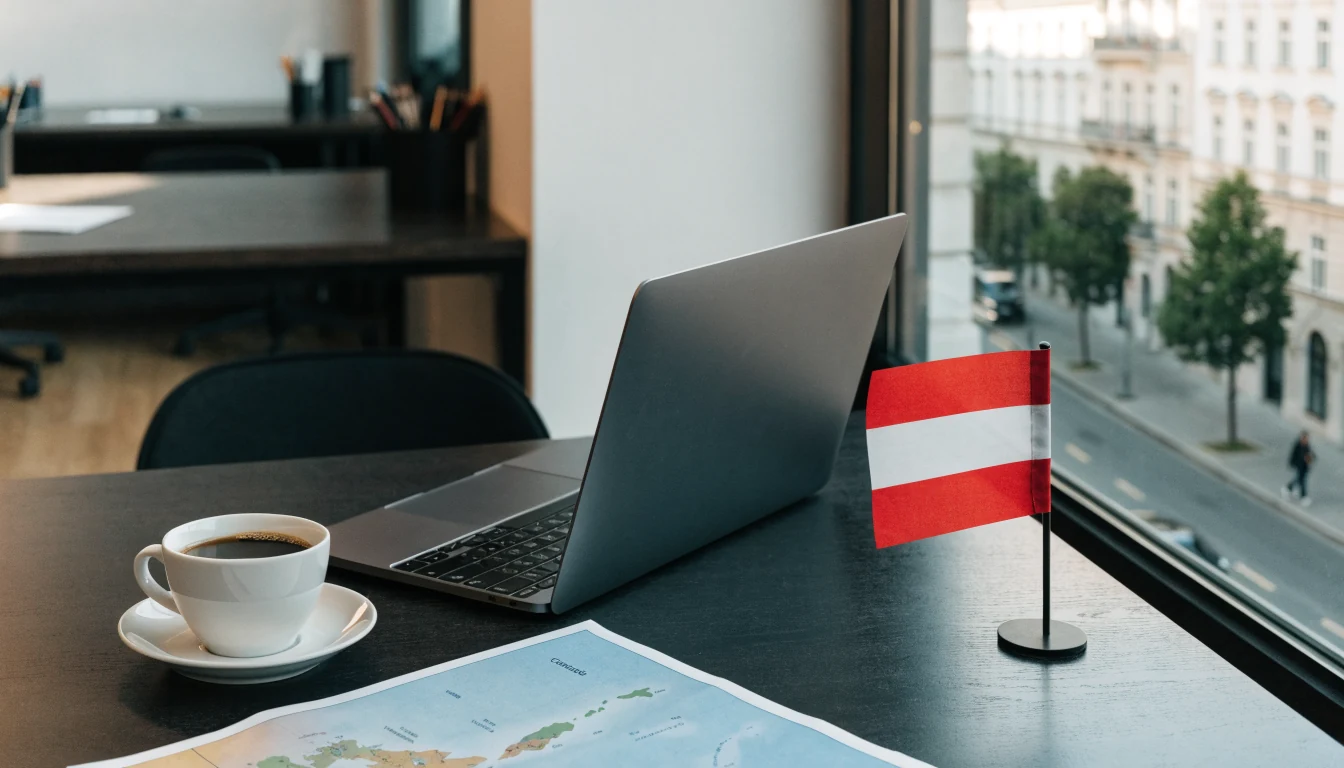 Büro in Wien mit Laptop, Kaffeetasse und österreichischer Flagge