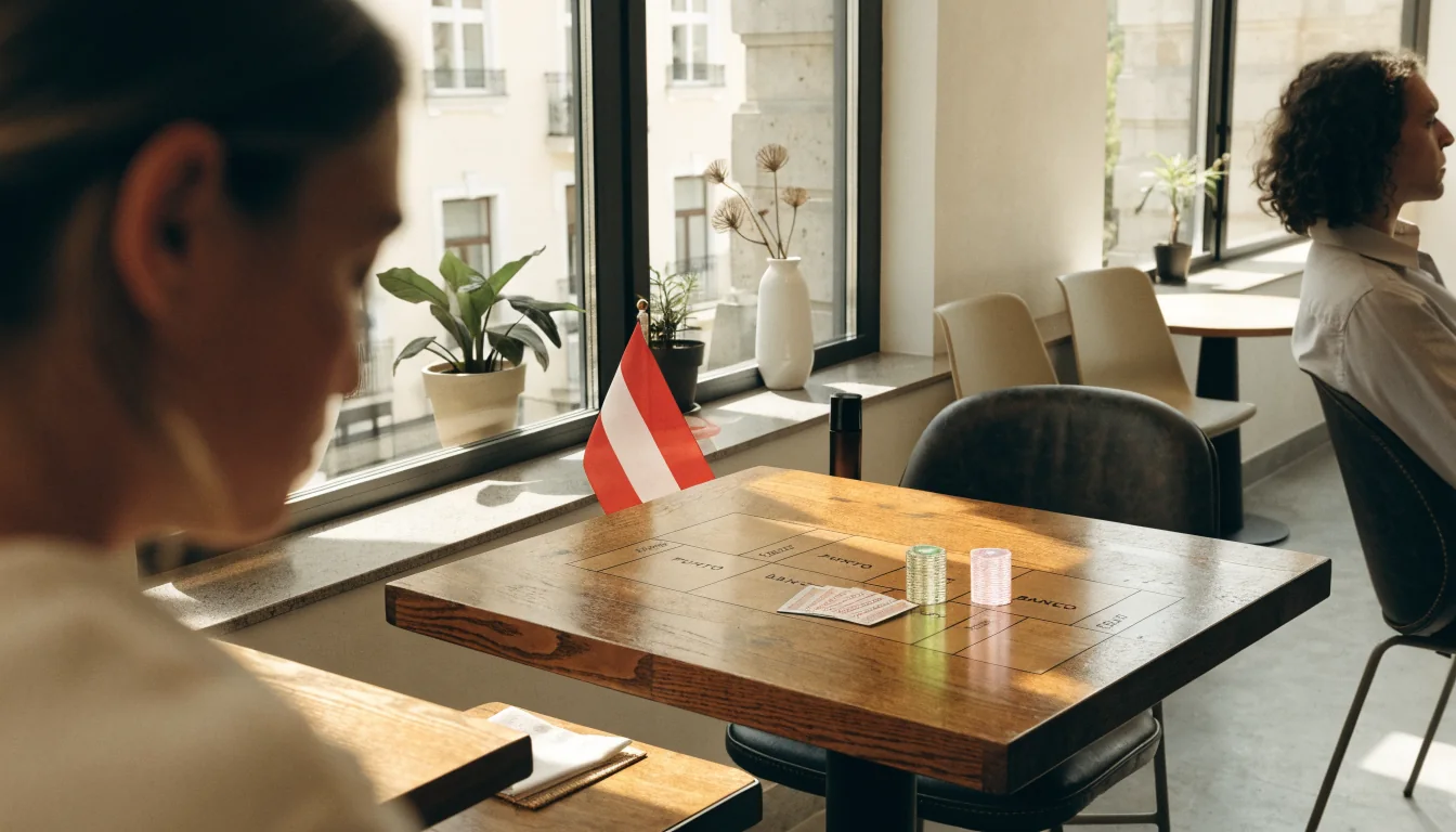 Gemütliches Wiener Café mit Punto Banco Spiel und österreichischer Flagge