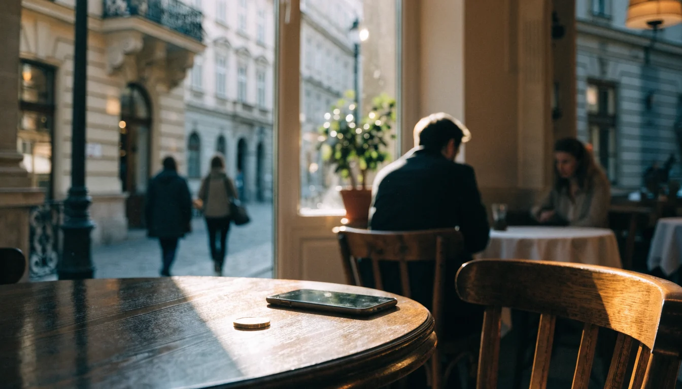 Ein gemütliches Wiener Café mit einer Euro-Münze und einem Smartphone.