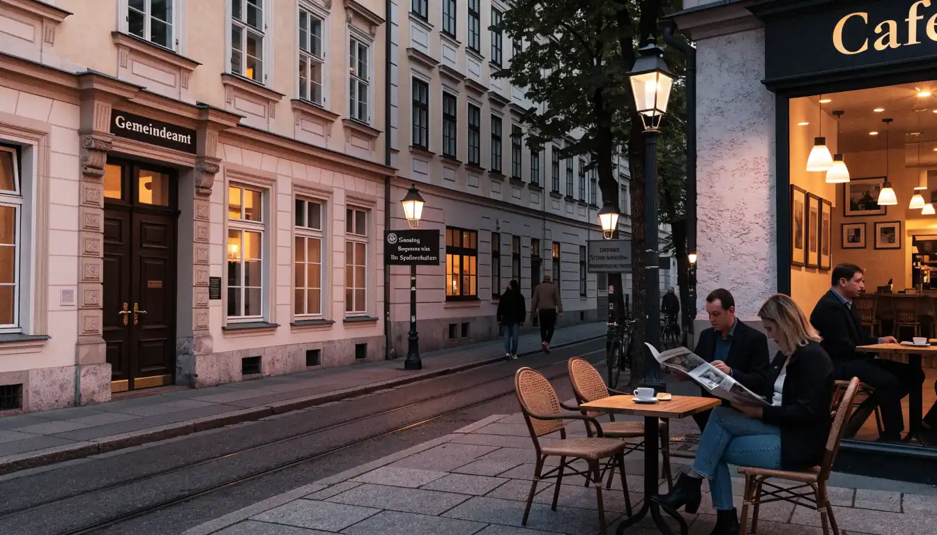 Österreichische Straße bei Dämmerlicht mit verantwortungsvollem Glücksspielschild